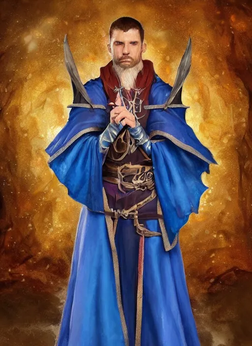 Image similar to bright blue cloak male priest, ultra detailed fantasy, dndbeyond, bright, colourful, realistic, dnd character portrait, full body, pathfinder, pinterest, art by ralph horsley, dnd, rpg, lotr game design fanart by concept art, behance hd, artstation, deviantart, hdr render in unreal engine 5