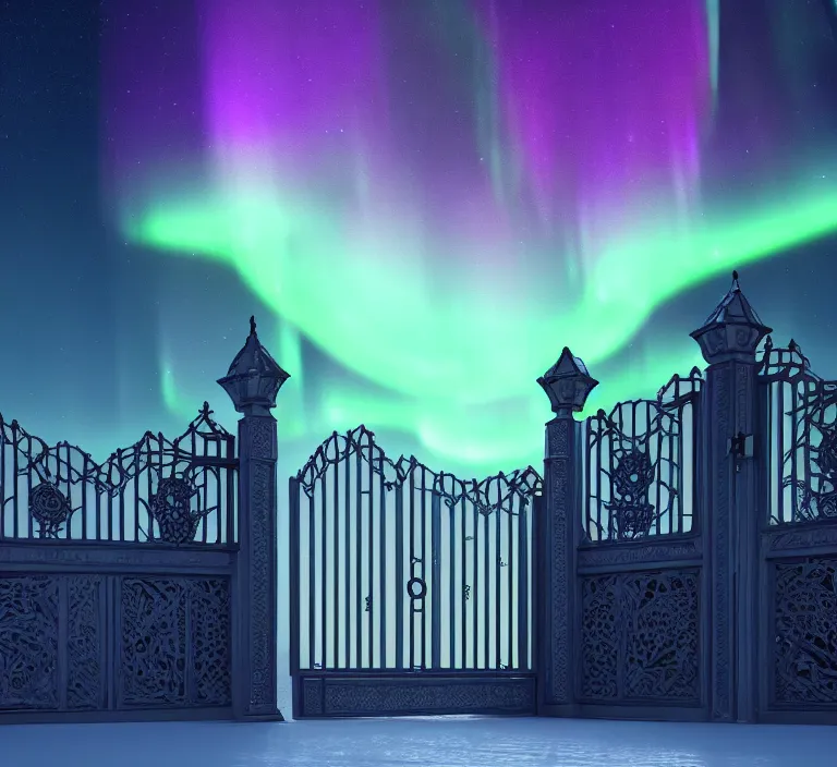 Image similar to a very detailed concept art of intricate and minimalistic gates to aurora borealis, trending on artstation, symmetry, digital art, 4 k, hyper realistic, octane render, sharp focus