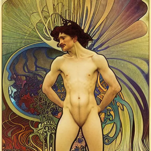 Image similar to an average man with his briefcase by Jean Delville, Amano and Yves Tanguy and Alphonse Mucha and Ernst Haeckel and Edward Robert Hughes and Roger Dean,