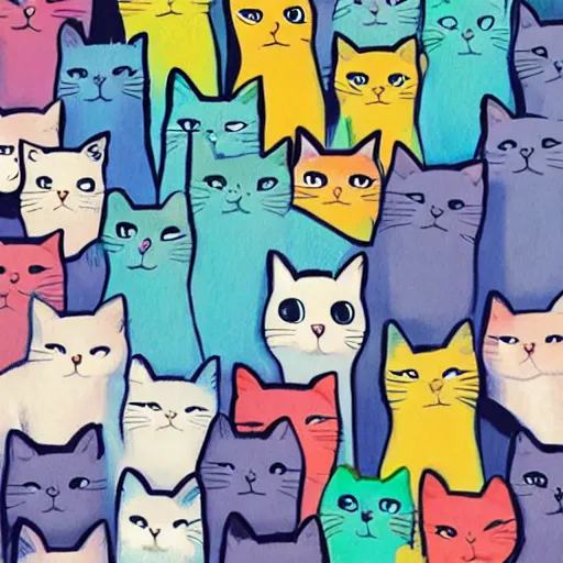 Image similar to a room full of cats singing in comic art style pastel colors