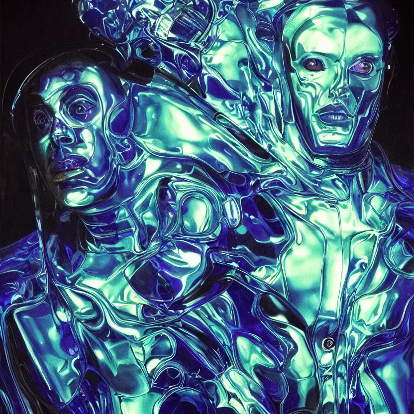 Prompt: neoclassicist renaissance sci - fi portrait of a colorful chrome marble of seated blue demon, with cyber body implants interfaces connected to singularity. iridescent textures. black background. highly detailed fantasy science fiction painting by chris cunningham and mikhail vrubel. dark and volumetric. trending on artstation