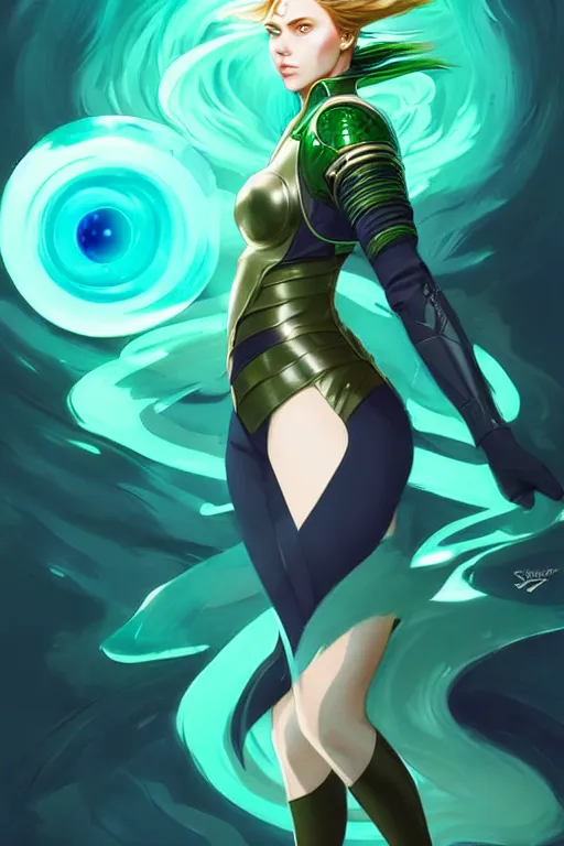 Image similar to style artgerm, joshua middleton, illustration, scarlett johansson as artificer wearing green pelt light armor, anime eyes, blue hair, swirling water cosmos, fantasy, dnd, cinematic lighting