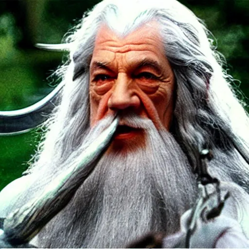 Prompt: gandalf cosplaying Hello Kitty, movie still from the lord of the rings