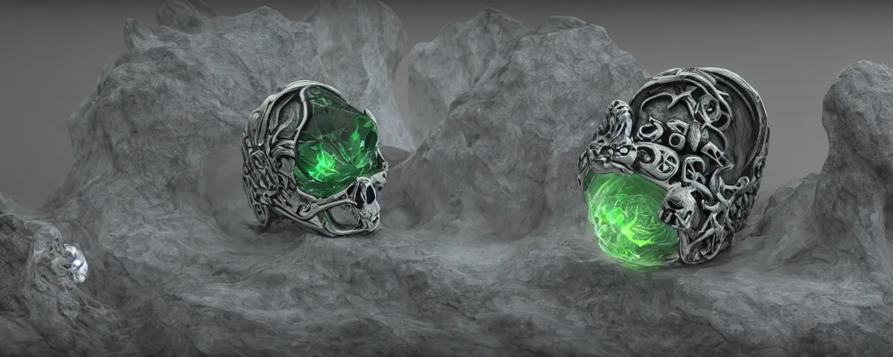 Prompt: simple ring with a skull, ring, skull, black, green mist emanates, smooth shank, crystals, engravings, product design, jewelry, art by gerald brom, greg rutkowski and artgerm and james jean and zdzisław beksinski, 8 k, unreal engine, c 4 d