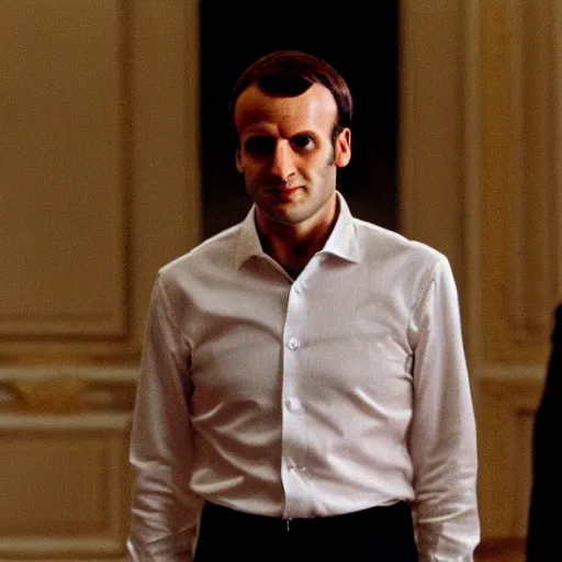Prompt: Emmanuel Macron walking in American Psycho (1999)