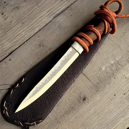 Prompt: “primitive bone dagger with leather cord wrapped around the handle, blade made out of bone, top down view”
