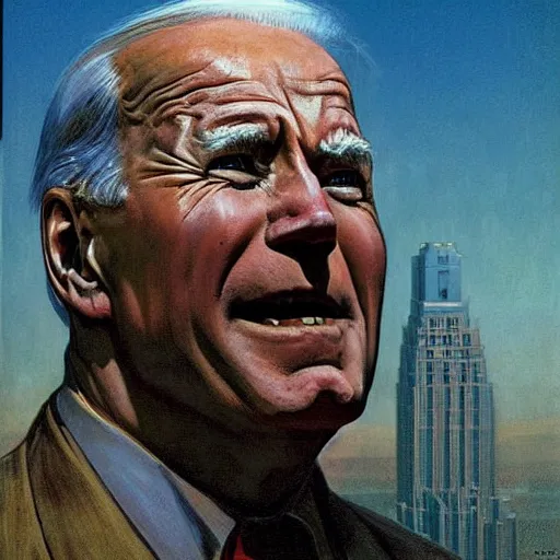 Image similar to portrait of immense, majestic, surreal, terrifying joe!!!! biden!!! crushing the city, perfectly clear face, by j. c. leyendecker, bosch, and beksinski