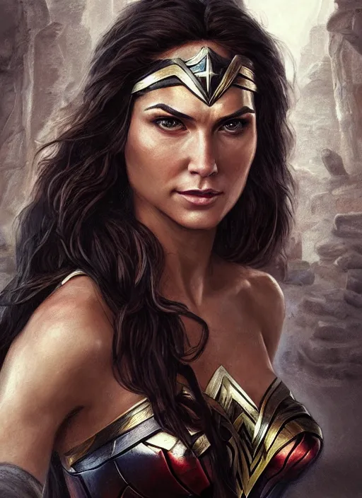 Image similar to realistic portrait painting of wonder woman, old mystic ruins, afternoon, intricate, elegant, highly detailed, digital painting, sharp, focus, by artgerm and greg rutkowski