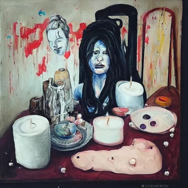 Image similar to “ a portrait in a female art student ’ s apartment, sensual, a pig theme, pork, pottery supplies, pottery work in progress, a candle dripping white wax, pottery glaze, squashed berries, berry juice drips, acrylic and spray paint and oilstick on canvas, surrealism, neoexpressionism ”