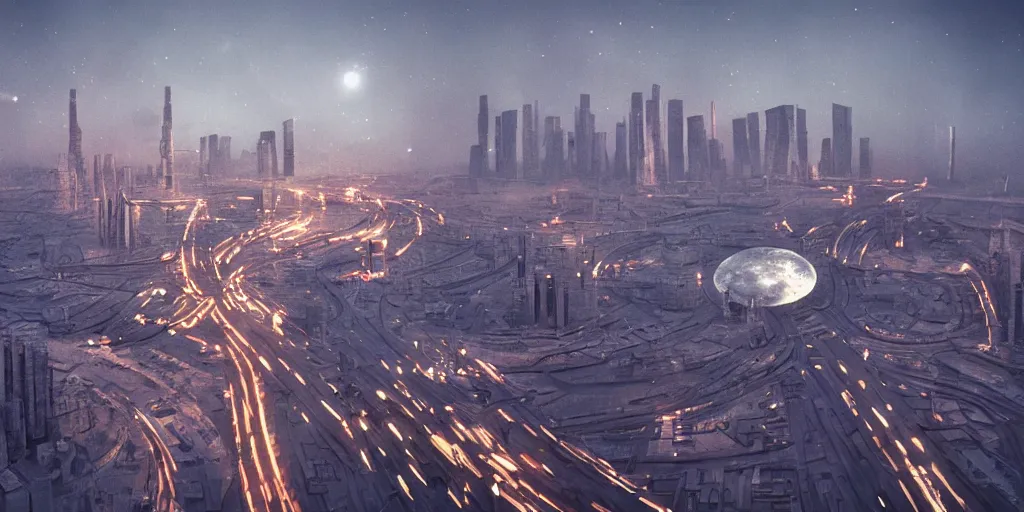 Image similar to cinematic shot of a st. petersburg city in the moon's hollow, russian orbit city cityscape, telephoto, iconic scene from the optimistic sci fi film directed by stanley kubrick, anamorphic cinematography, beautiful composition, color theory, leading lines, photorealistic, moody volumetric lighting