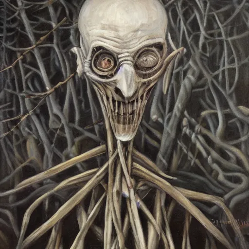 Prompt: Oil Portrait of Fiddlesticks from League of Legends, swarm of crows in the background, dark forest, grim, by Santiago Caruso
