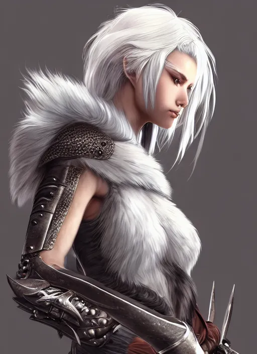 Prompt: warrior, fur - lined wolf armor!!! gorgeous and elegant white hair female!! monster hunter!! character concept art, sharp focus, octane render! unreal engine 5! highly rendered!! trending on artstation!! detailed linework!! illustration by artgerm, wlop, and chie yoshii