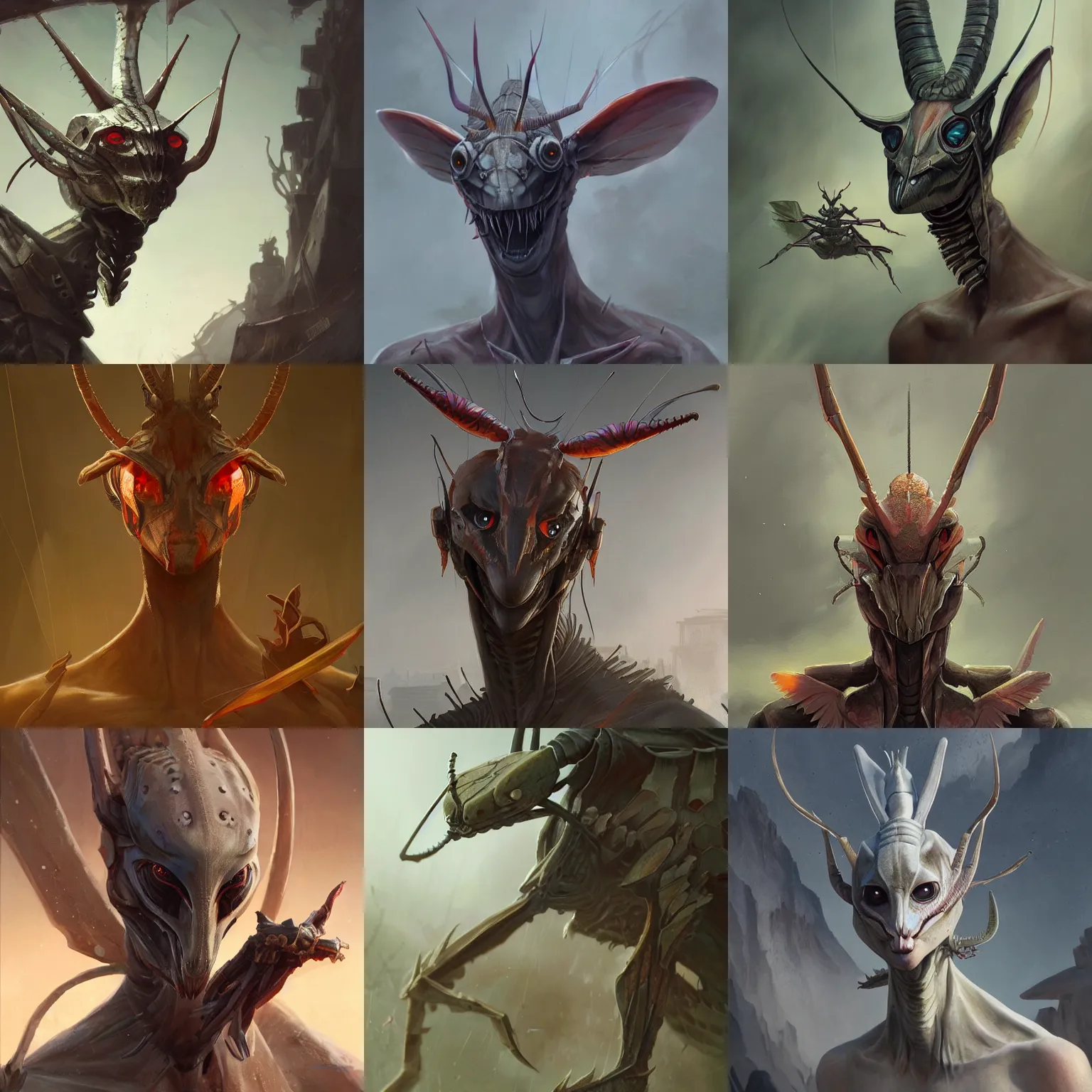 Prompt: a concept art of a mantis assassin, hestiasula head, mantid features, folded forearms, by greg rutkowski, sung choi, mitchell mohrhauser, maciej kuciara, johnson ting, maxim verehin, peter konig, fantasy art, artstation hd