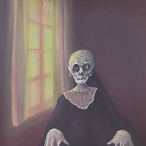 Image similar to creepy old cursed witch watching you sleep, eerie, haunted, oil painting