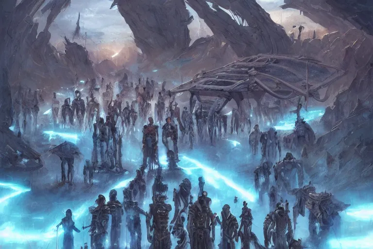 Image similar to ancient alien portral, a crowd of androids, pilgrimage, in mad max style, stargate, coriolios rpg art style, full of details, dark sci - fi, cold blue colors, matte painting, artstation, 8 k, hyperrealistic, style of peter mohrbacher