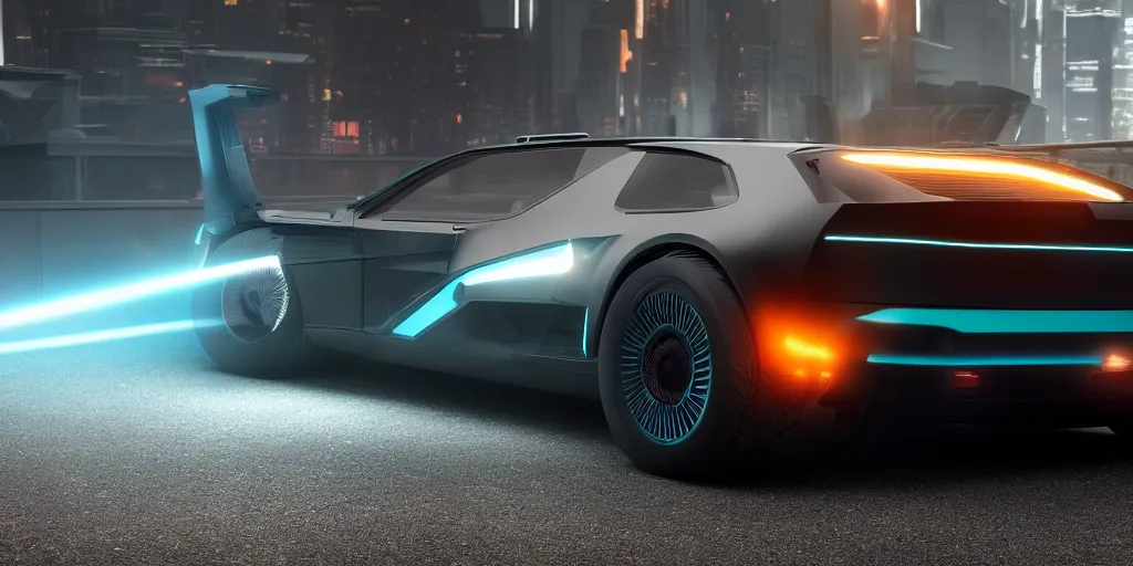 Image similar to a design of a futuristic DMC Delorian, designed by Polestar, blade runner background, back view, copper car paint with dark teal accent detailing, black windows, sportscar, black show room, dramatic lighting, octane rendering, unreal engine rendering, hyper realistic render, depth of field, octane rendering