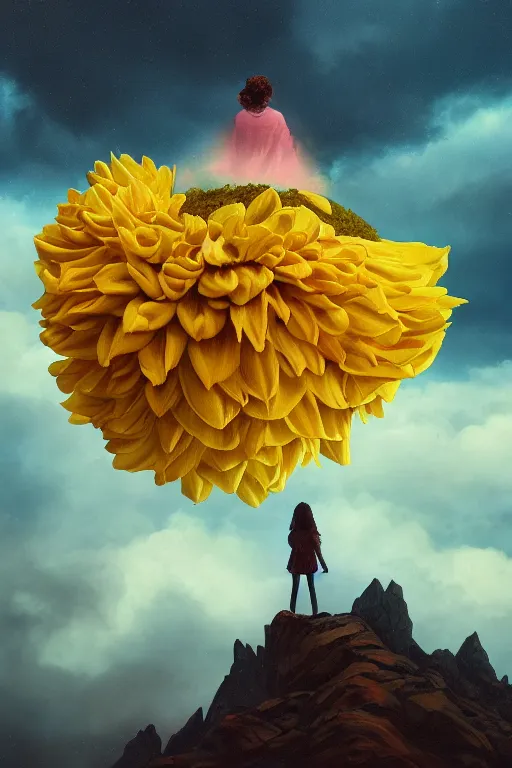 Image similar to closeup girl with huge yellow dahlia flower face, intricate, standing on mountain, surreal photography, blue storm clouds, dramatic light, impressionist painting, digital painting, artstation, simon stalenhag