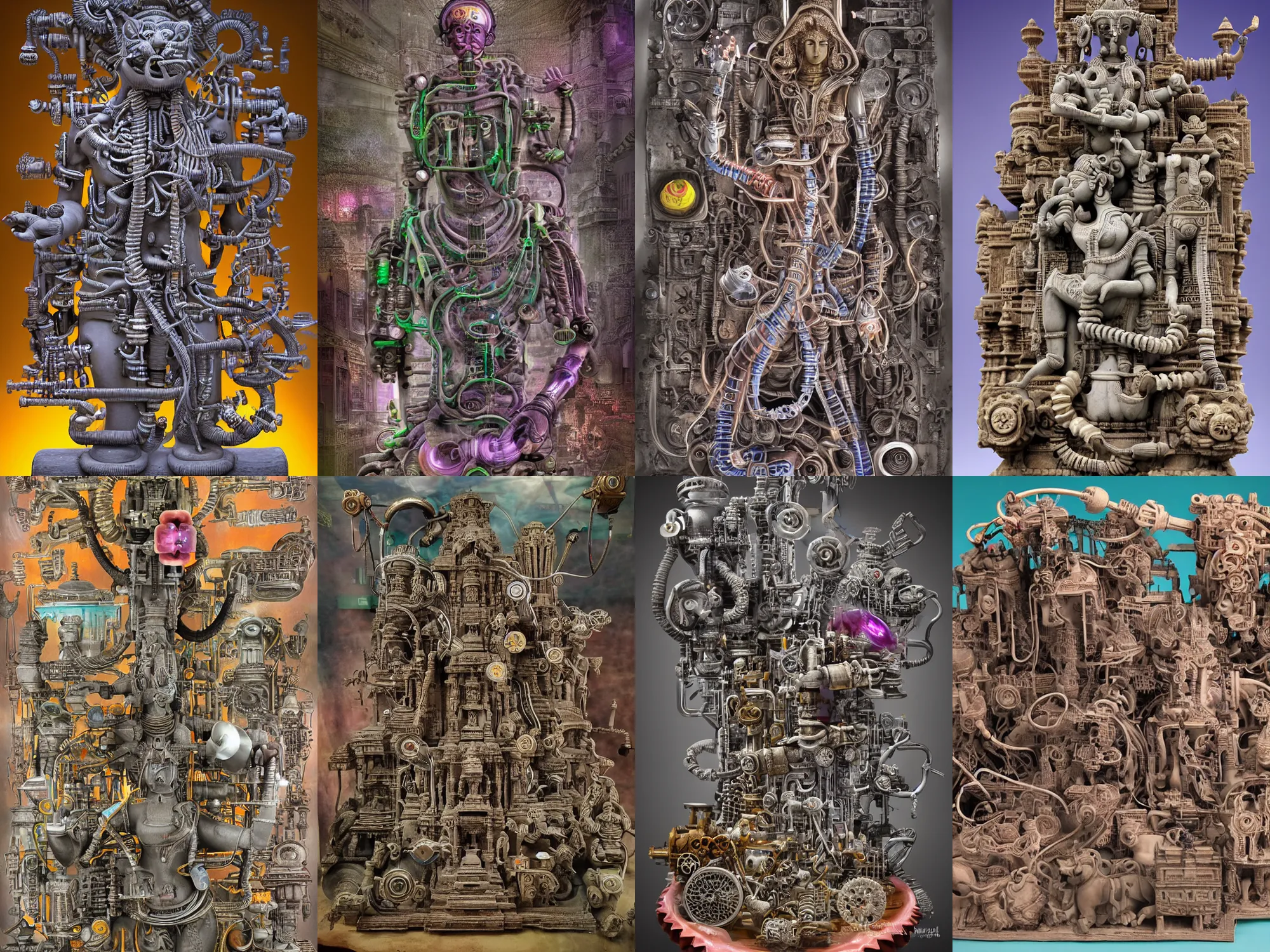 Prompt: at Khajuraho, steam, smoke, dust, godes, made from electric condensators Shiva, veins, vibrant, xray, flat shaped chrome relief, fossil, MINIATURE CITY, mechanic bionic fungus flower cyberpunk cat mechabot, by david lachapelle, maze, tubes, joints, buttons, gears, relief by Goga Tandashvili, by jonas burgert, by Wayne Barlowe, cinematic