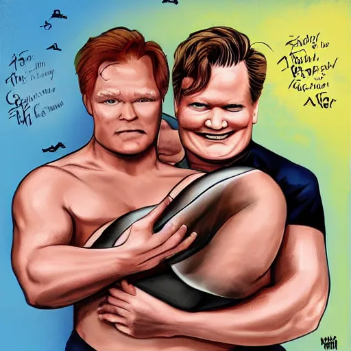 Prompt: conan o'brien and andy richter wrestling, by michaelangelo