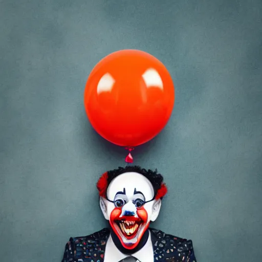 Image similar to creepy clown with colourful marbles and balloons, realistic, 8k, high quality, sharp