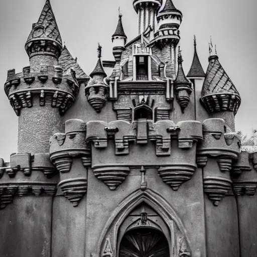 Prompt: Abandoned disneyland castle, with cobwebs and cracks, urban exploration, decaying, 24mm f/3.5