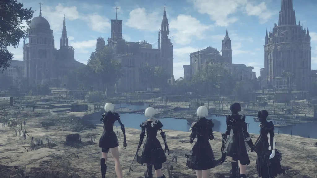 Image similar to Screenshot from Nier Automata in Marseille. In the background there is the basilica Our Lady of the Guard