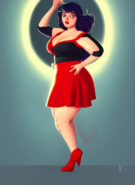 Image similar to full body portrait of teenage veronica lodge, obese, bangs, sultry, realistic, sultry smirk, wavy hair, red skirt, fat, belly, intricate, elegant, glowing lights, highly detailed, digital painting, artstation, concept art, smooth, sharp focus, illustration, art by wlop, mars ravelo and greg rutkowski