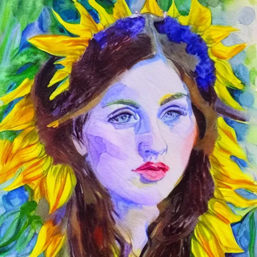 Image similar to molly sanden, watercolor, in the style of claude monet, beautiful face, sunflowers, award winning, hd, 4 k, purple, blue -