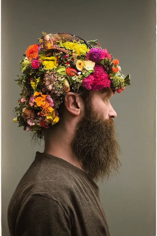 Prompt: a man's face in profile, long beard, a helmet made of flowers and fruit, in the style of the Dutch masters and Gregory crewdson, dark and moody