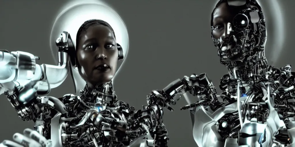 Image similar to a science fiction film still of a black woman as a cybernetic cyborg, surrealism, film photography