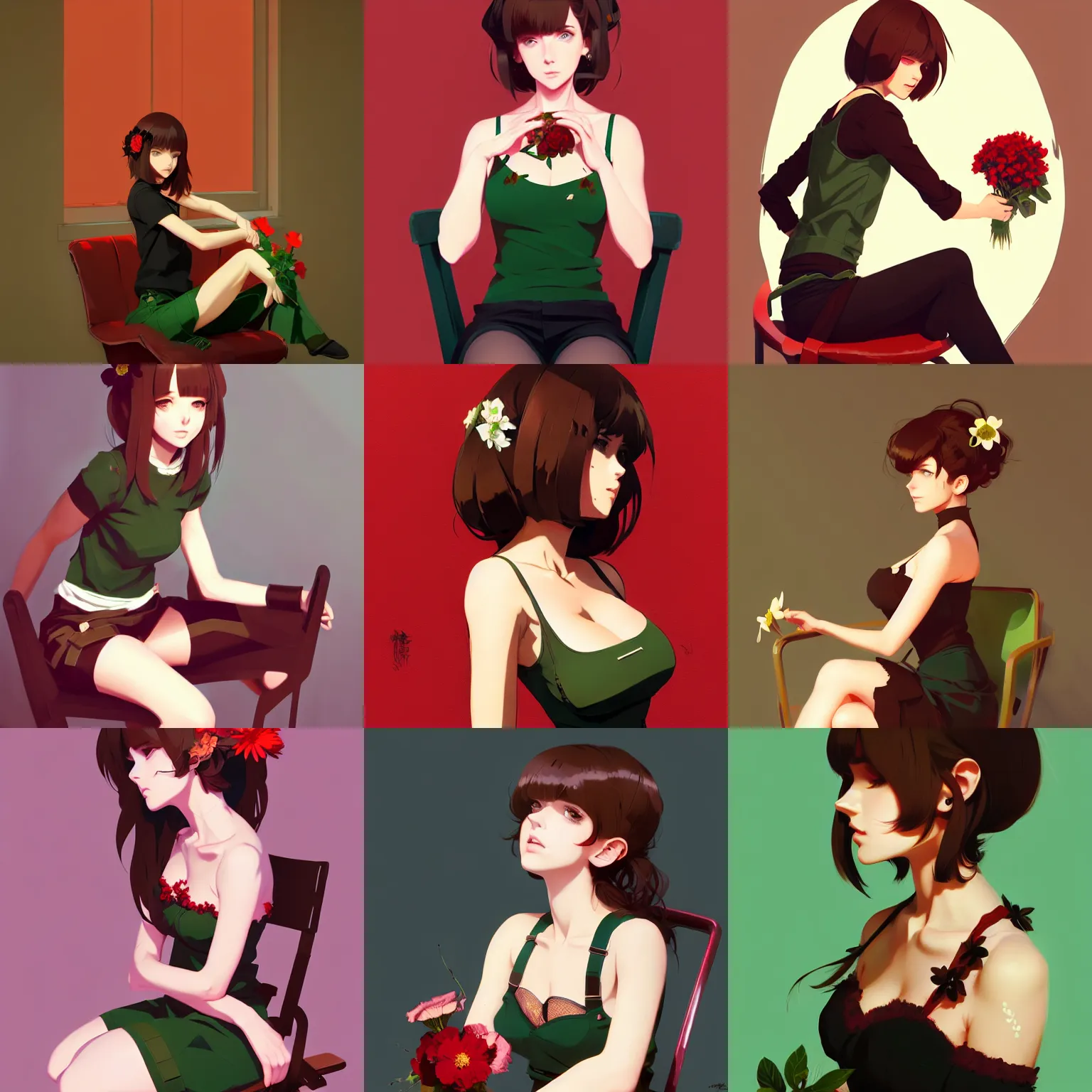 Prompt: gorgeous woman with brown hair and green eyes, wearing a camisole, flower in her hair, sitting on a chair, red and black color palette, in the style of and ilya kuvshinov and greg rutkowski, high quality anime artstyle, intricate