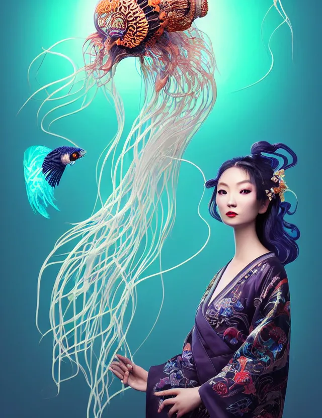 Image similar to 3 d goddess jellyfish half - turn portrait with long hair with ram skull. beautiful intricately detailed japanese crow kitsune mask and clasical japanese kimono. betta fish, jellyfish phoenix, bio luminescent, plasma, ice, water, wind, creature, artwork by tooth wu and wlop and beeple and greg rutkowski