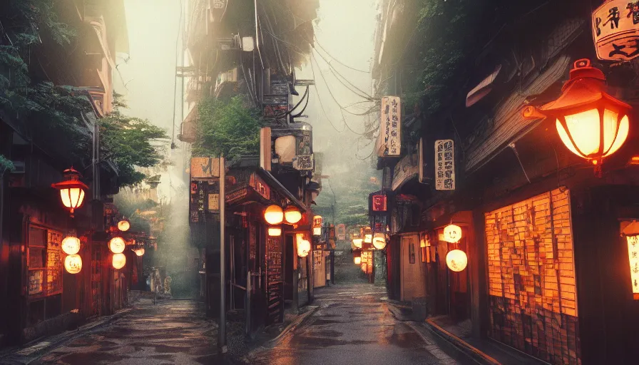 Image similar to A film still from a 1990s Sailor Moon cartoon tv show featuring a moody street in Japan with a waterfall and lanterns, lofi aesthetic, magical, golden hour, cinematic look, film grain, high detail, high resolution, 8k