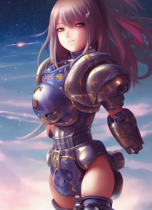 Image similar to semi realistic anime illustration of space marine girl made by stanley artgerm, wlop, rossdraws, james jean andrei riabovitchev, marc simonetti, yoshitaka amano, artstation