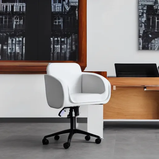 Prompt: office hair with white leather seat, circular curved wooden back, wheels, professional photography, 8k