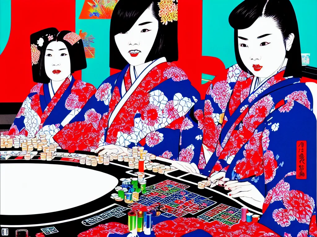 Image similar to hyperrealistic composition of the detailed woman in a japanese kimono sitting at a extremely detailed poker table with hyperdetailed darth vader, fireworks, mountain fuji on the background, pop - art style, jacky tsai style, andy warhol style, acrylic on canvas