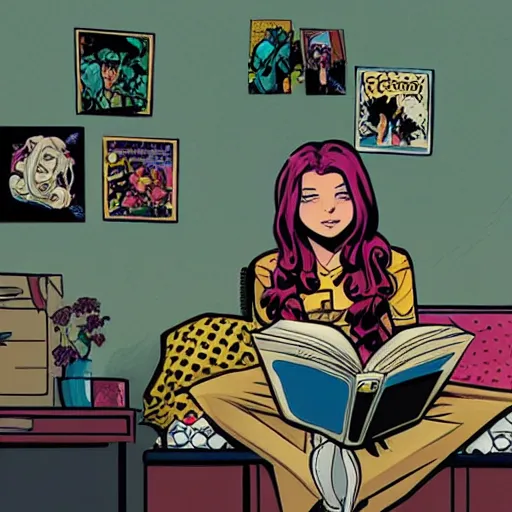 Prompt: teenage girl reading a comic book in her bedroom, art by Gabriel Picolo.