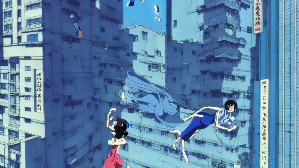 Image similar to a woman in a blue dress wearing a blue mantra ray mask falling from a building in Tokyo , anime film still from the an anime directed by Katsuhiro Otomo with art direction by Salvador Dalí, wide lens