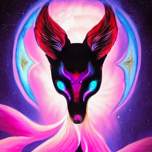 Image similar to a stylized blacklight neon black velvet painting of an bipedal fox with a skull for a face, hummingbird feathers for fur, themed around death and astronomy, in the style of dnd beyond avatar portraits, beautiful, artistic, elegant, lens flare, magical, lens flare, nature, realism, stylized, art by hayou miyazaki