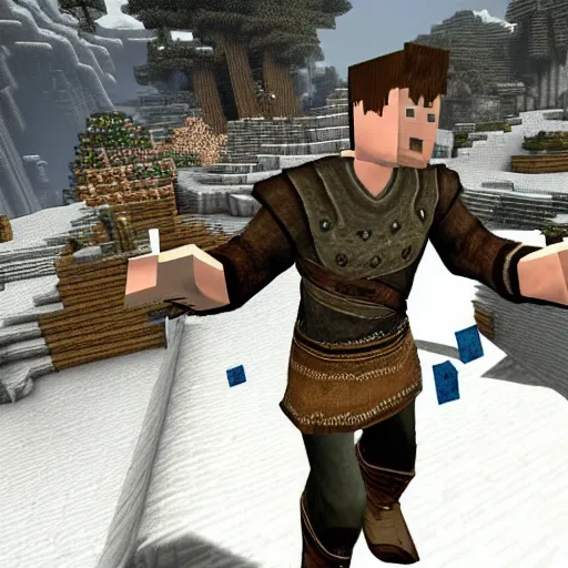 Image similar to Skyrim gameplay of Rick Astley playing Minecraft