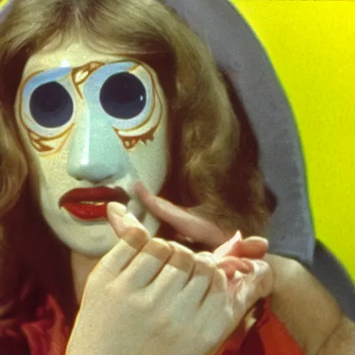 Prompt: woman with prosthetic nose enters an eyeball cult, 1977 live-action children's tv show, color