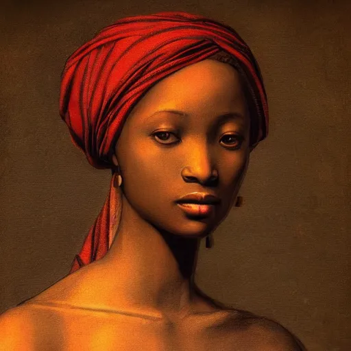 Image similar to a painting of a beautiful African woman by Leonardo da Vinci . dramatic angle, ethereal lights, details, smooth, sharp focus, illustration, realistic, cinematic, artstation, award winning, rgb , unreal engine, octane render, cinematic light, macro, depth of field, blur, red light and clouds from the back, highly detailed epic cinematic concept art CG render made in Maya, Blender and Photoshop, octane render, excellent composition, dynamic dramatic cinematic lighting, aesthetic, very inspirational, arthouse.