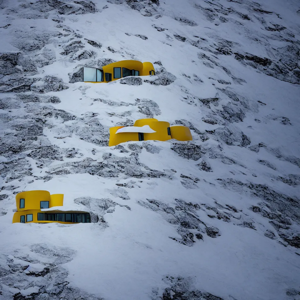 Image similar to a road leading to a mid-century modern house with large windows on top of a cliff in the arctic, covered with snow, designed by Frank Gehry. Big tiles. Film grain, cinematic, yellow hue