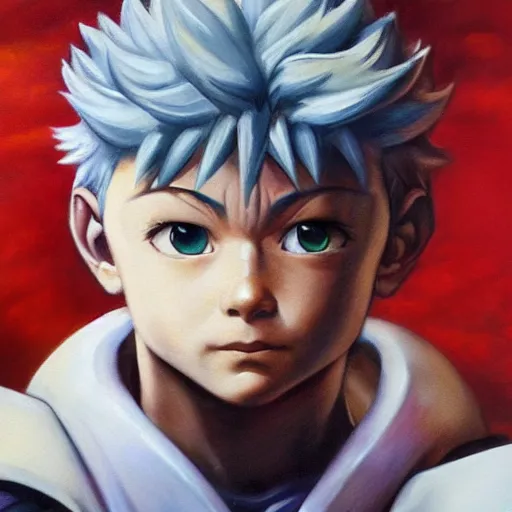 Image similar to ultra realistic portrait painting of killua as master chief, art by frank frazetta, 4 k, ultra realistic, highly detailed, epic lighting