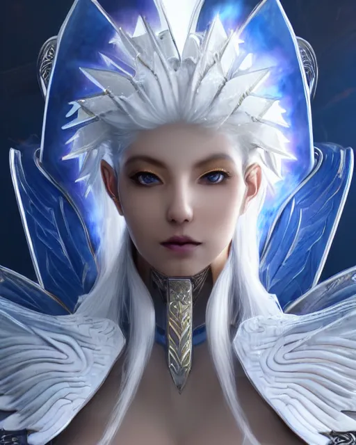 Image similar to perfect ornate white haired attractive egyptian goddess with huge white dove wings, warframe armor, beautiful, symmetric, dreamy, half asian, pretty face, blue eyes, detailed, scifi platform, laboratory, experiment, 4 k, ultra realistic, epic lighting, android body, illuminated, cinematic, masterpiece, art by akihito tsukushi, voidstar