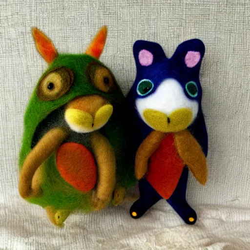 Prompt: two fantasy woodland animals, made of felt and cloth and beads, in a lush magical forest with tall trees and moss, felting, haunting and spooky