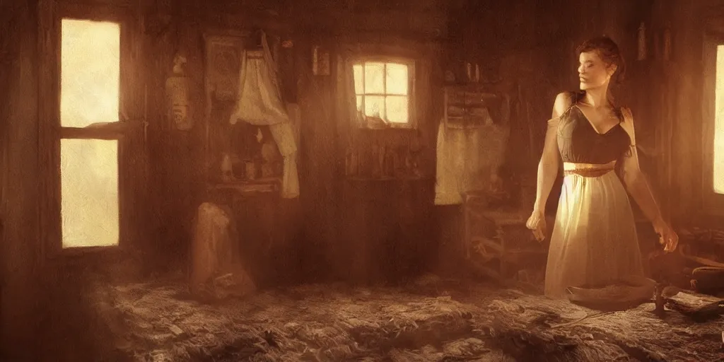 Prompt: oil painting of Mila Jovovich in the old west inside a cabin on the prairie, volumetric lighting, cinematic
