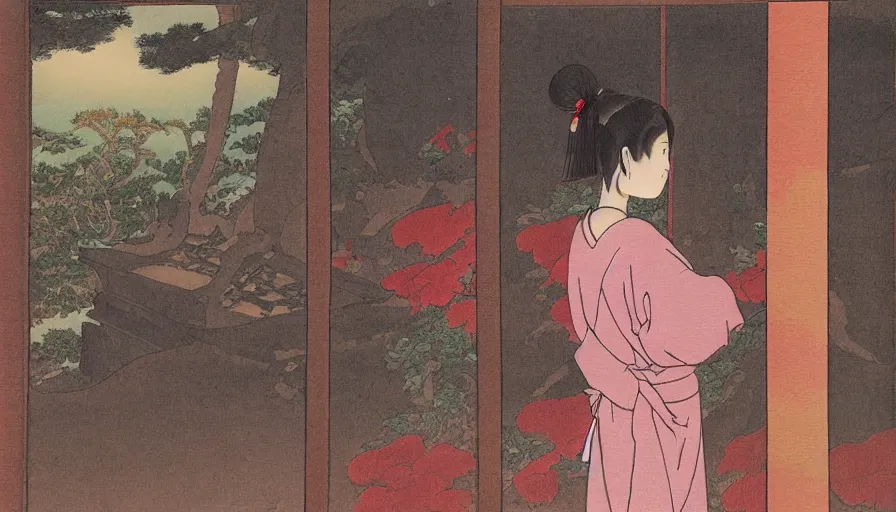 Prompt: zeenchin style painted of a girl in japan, looking out a window at a temple garden filled with yokai and spirits