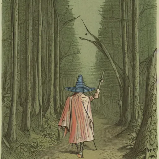 Prompt: detailed illustration of a wizard wearing a large brimmed hat and tattered robes walking through the forest holding a flowering wooden staff