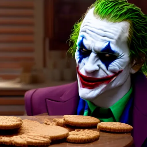 Prompt: cinematic shot of the joker sitting at a table in front of a plate of baking powder biscuits, 8 k, very detailed, very intricate,